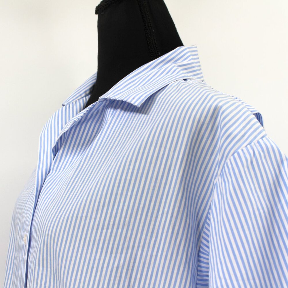 TOME NYC Blue White Pinstripe Drawstring Ruffle Hem Short Sleeve Top 12 Shirt - Picture 3 of 7